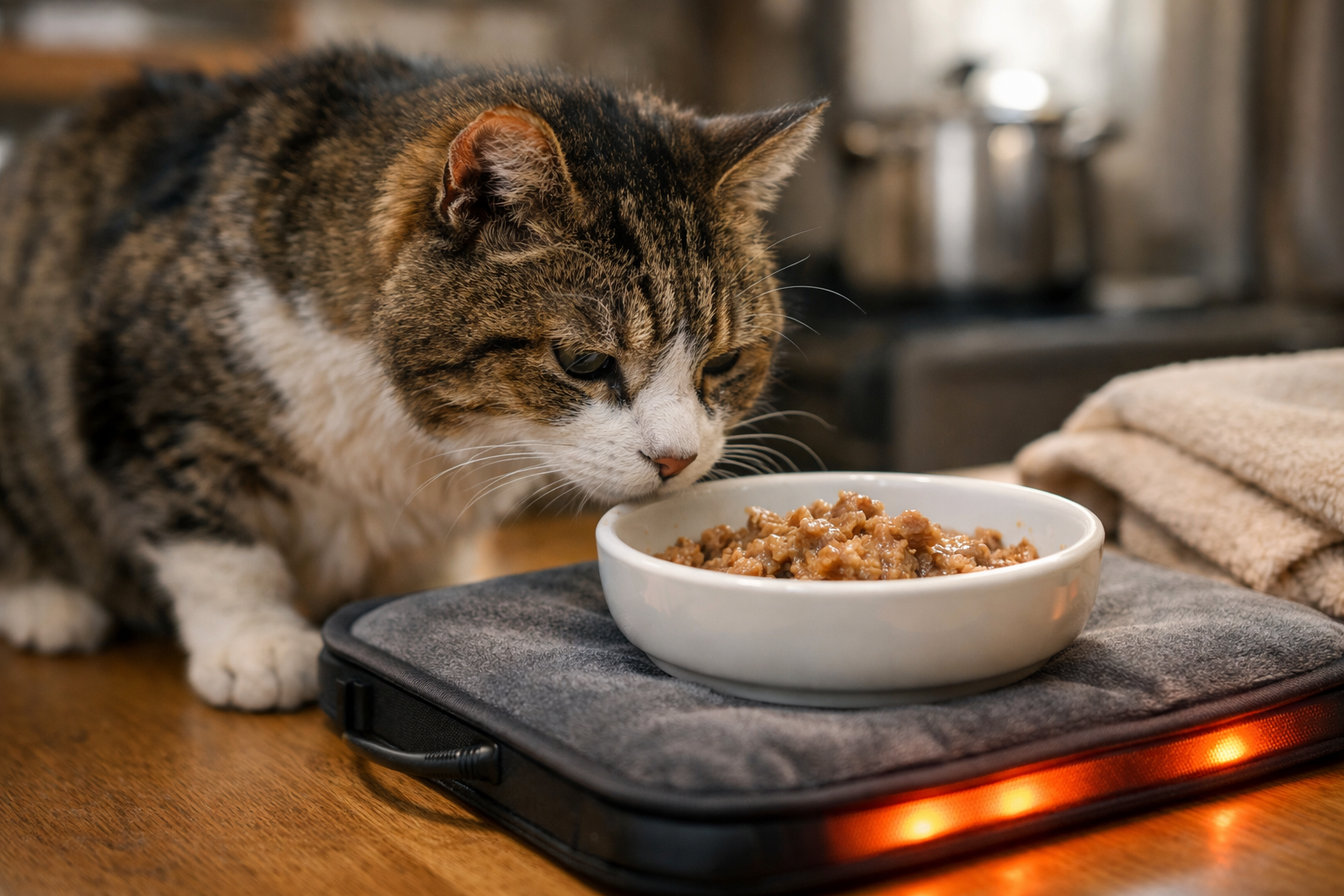 老猫さんは「温め」で食べることがあるが、原因確認が先に必要です