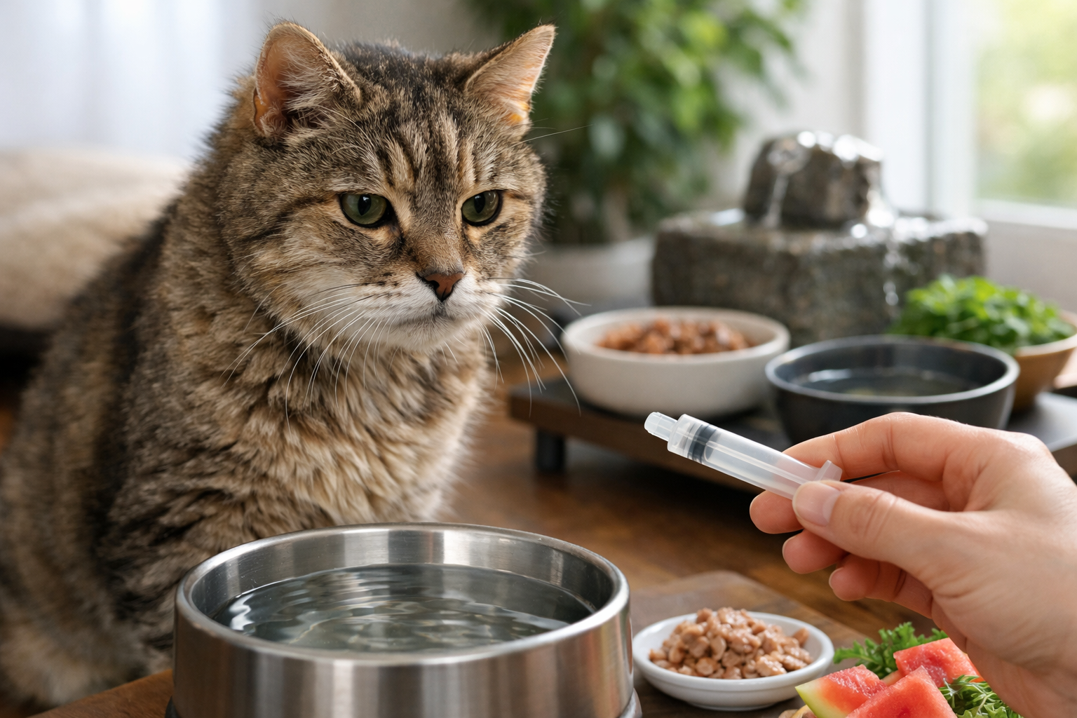 高齢猫さんの水分補給は「環境×食事×必要時の補助」で整えるのが基本です