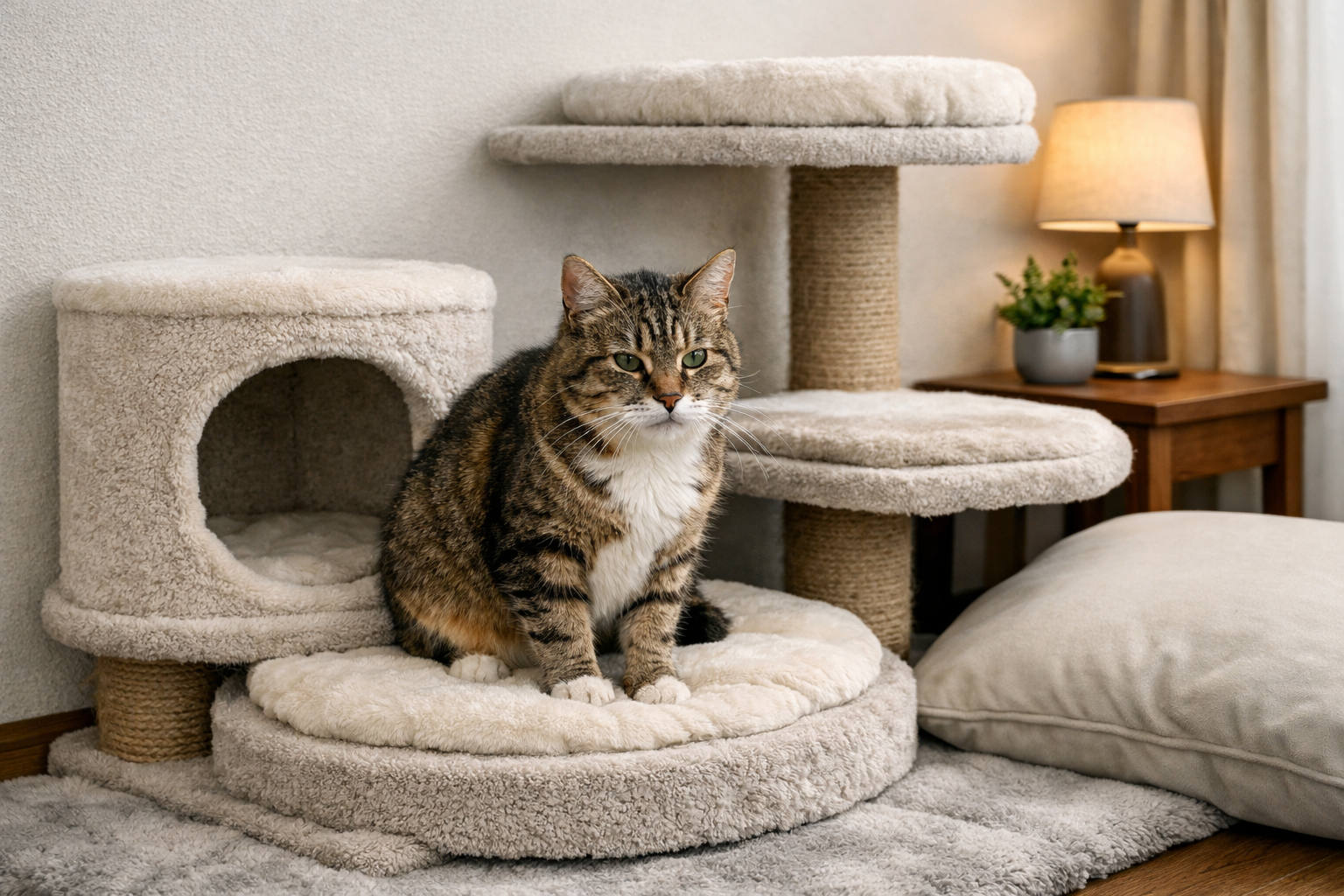 シニア猫のキャットタワーは「低め・段差小さめ・壁際+クッション床」が基本と考えられます