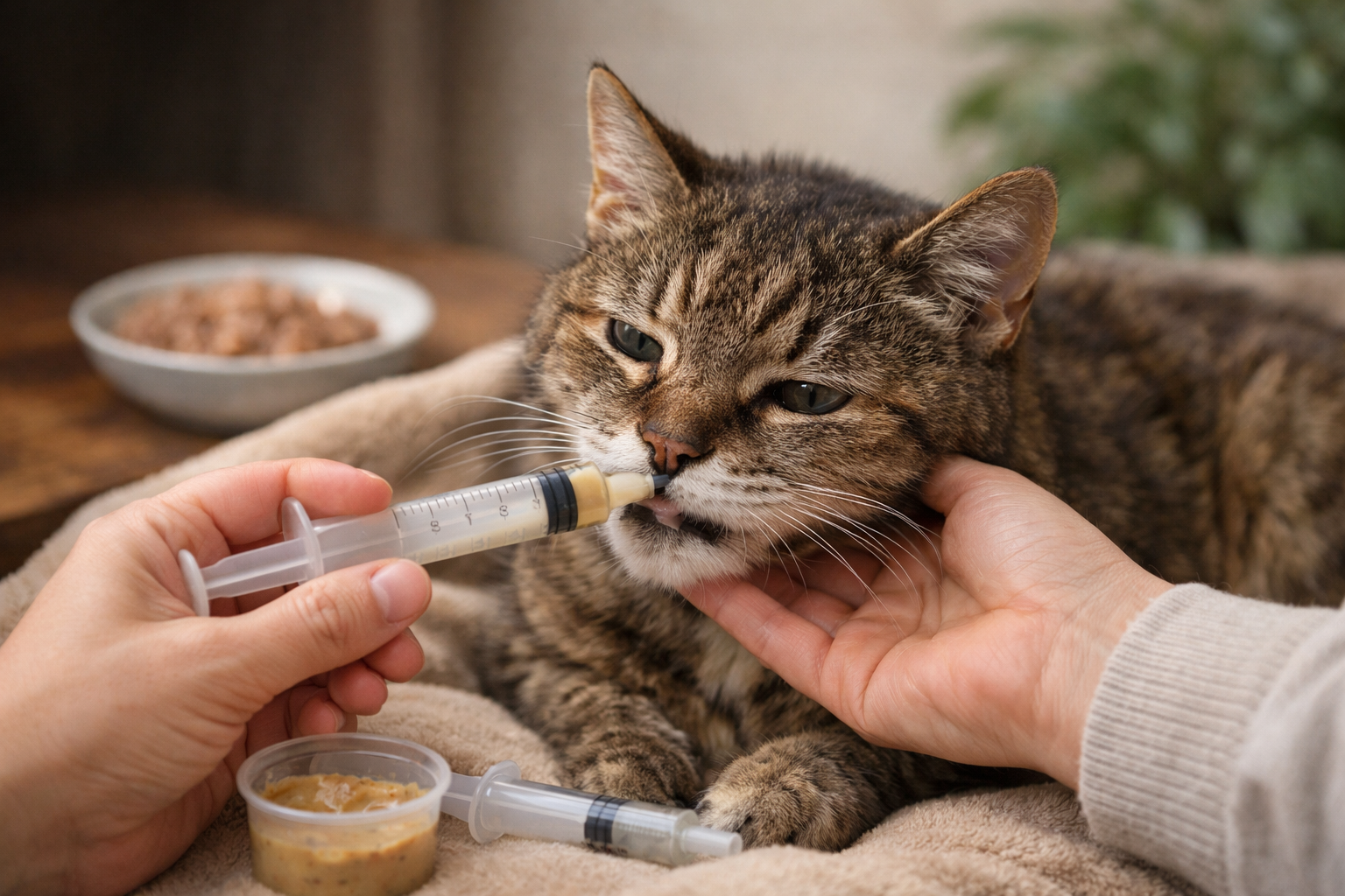 高齢猫のシリンジ給餌は安全第一の姿勢と「少量ずつの給与」が基本です